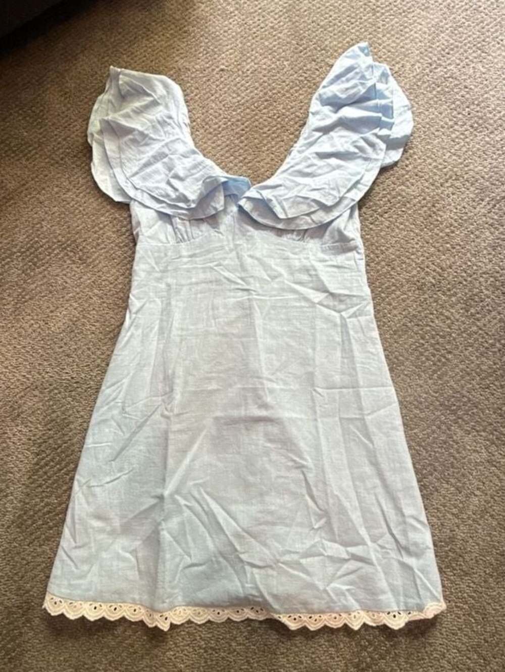Indikah Light Blue Ruffle Sleeve Mini Dress with Lace Hem